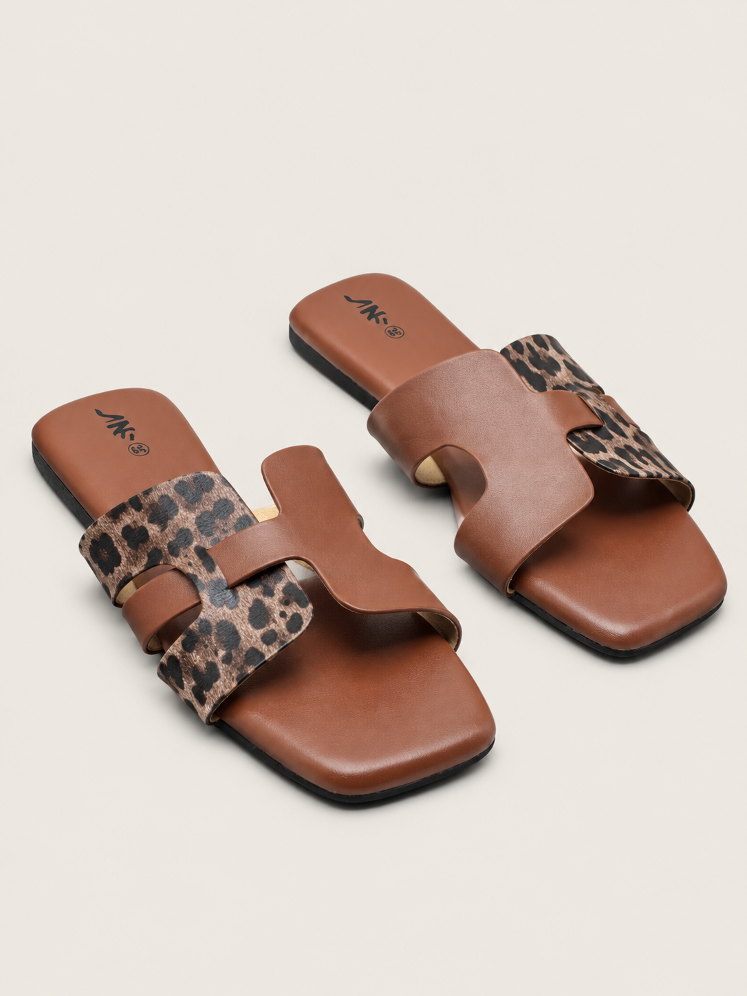Women’s Leopard Print H-Strap Flat Slide Sandals - Square Toe