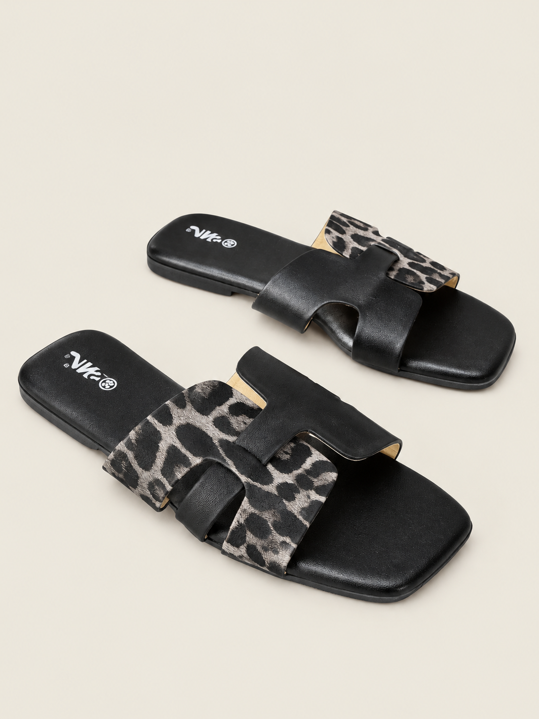 Women’s Leopard Print H-Strap Flat Slide Sandals - Square Toe