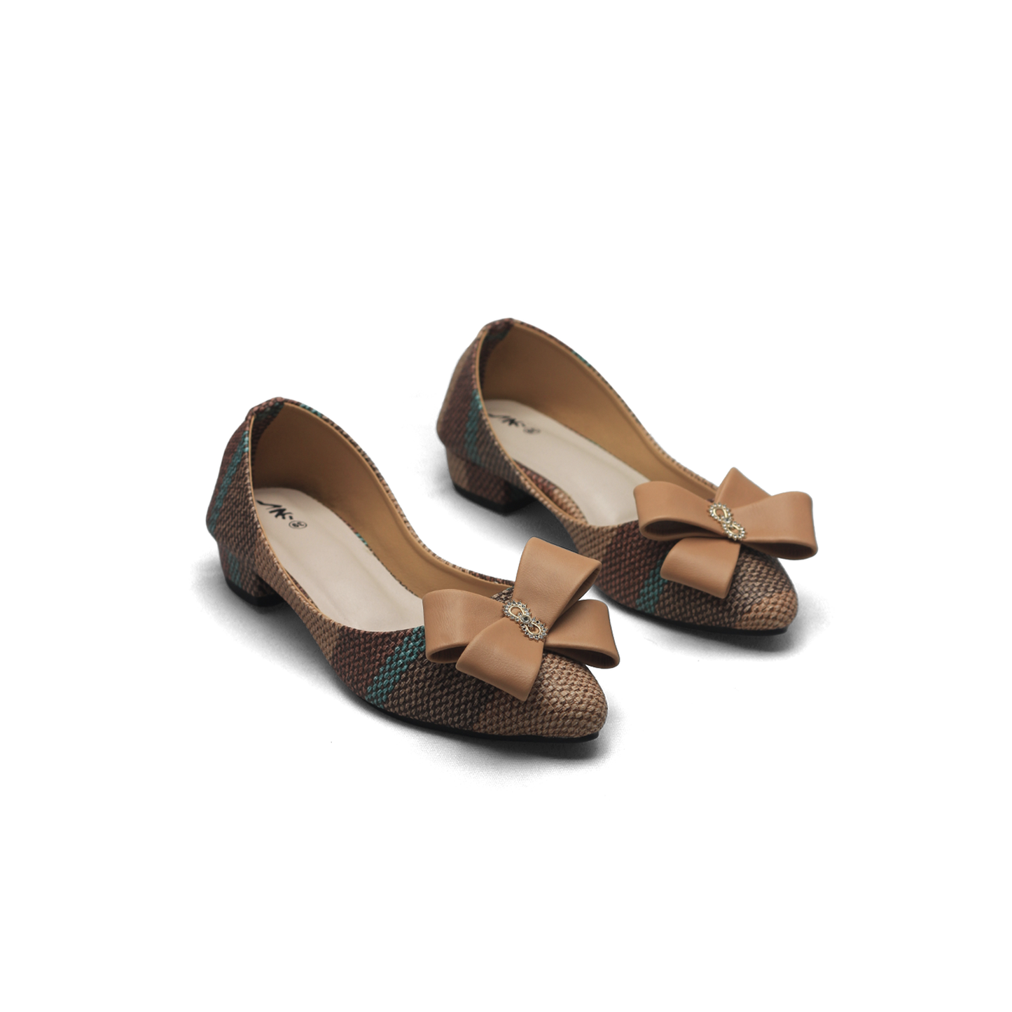 Beige Woven Block Heel Pumps - Comfortable Low Heel Shoes with Bow