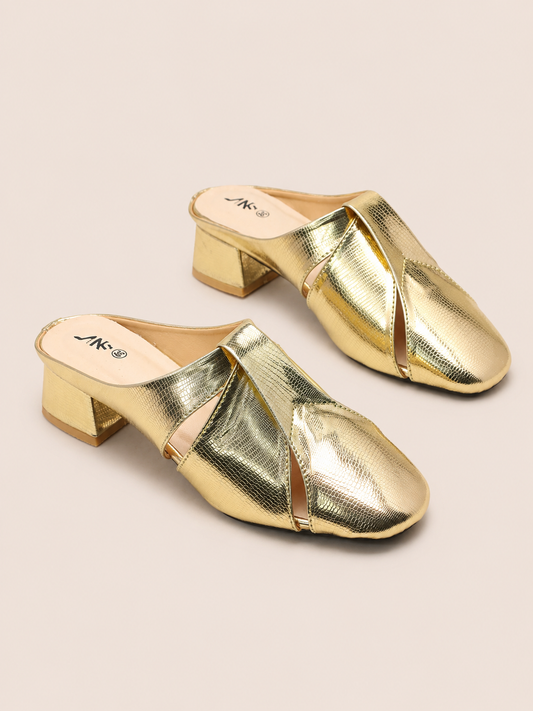 Luxe Metallic Low Block Heel Mule Shoes for Women | Nawabi Shoes