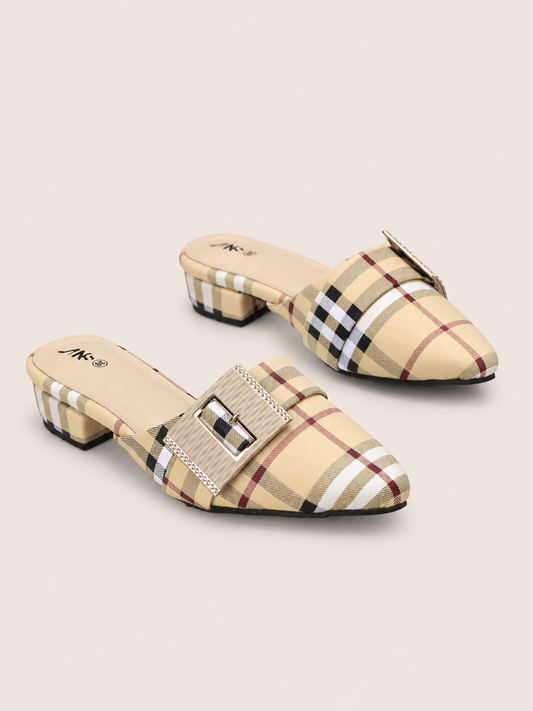 Black Plaid Pointed-Toe Mule Sandals with Low Block Heel | Nawabis shoes BD