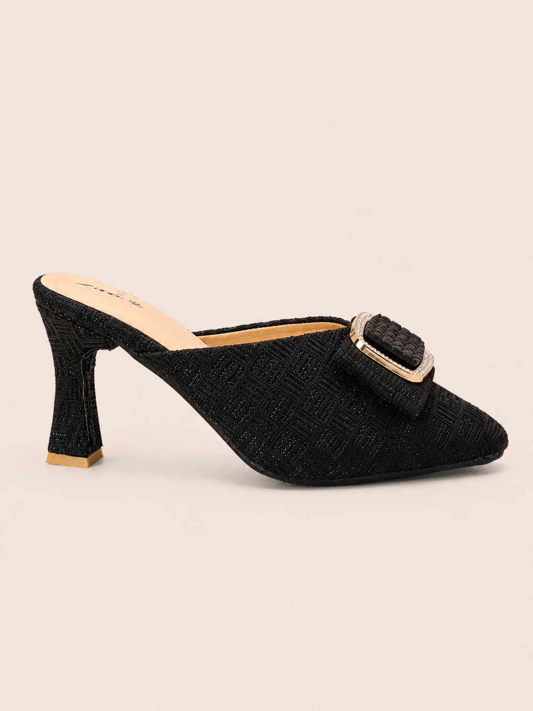 Aurelia Gold Tweed Pointed Toe Heeled Mules with Rhinestone Buckle | Nawabis shoes BD