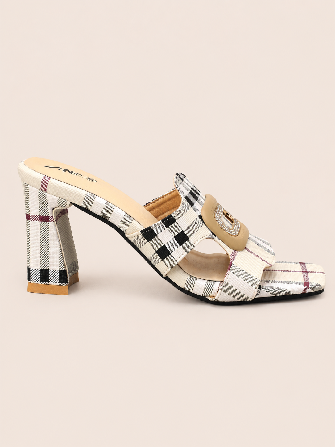 Charlotte Beige Plaid Block Heel Mules with Rhinestone Buckle | Nawabis shoes BD