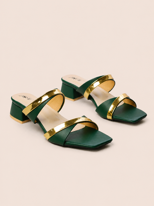 Women's Premium Gold Trim Double Strap Block Heel Sandals | Elegant Ladies Heels Bangladesh