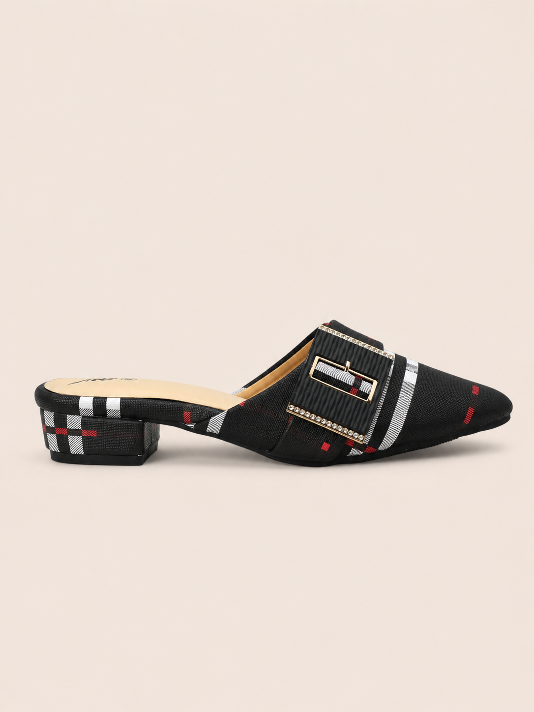 Black Plaid Pointed-Toe Mule Sandals with Low Block Heel | Nawabis shoes BD