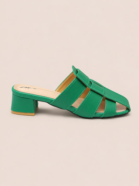 Nawabi Shoes BD green open toe block heel sandals with a stylish multi-strap upper design for women.