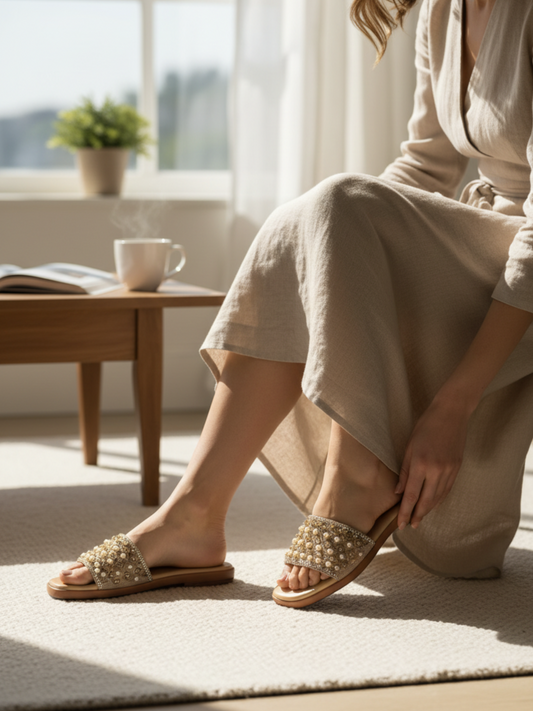 Nawabi Shoes BD elegant beige slides embellished with pearls and rhinestones on a flat sole.
