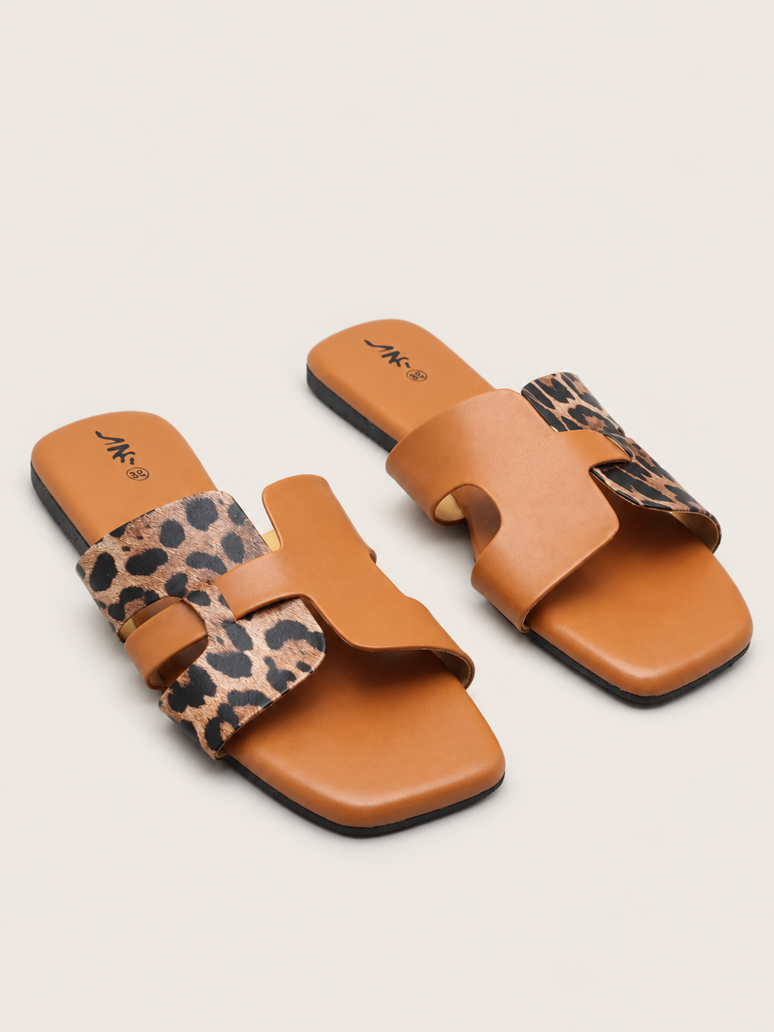 Women’s Leopard Print H-Strap Flat Slide Sandals - Square Toe