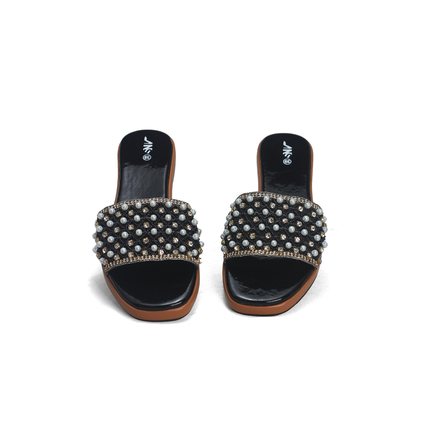 Pearl & Rhinestone Embellished Slides - Elegant Beaded Flat Sandals | Nawabi Shoes BD