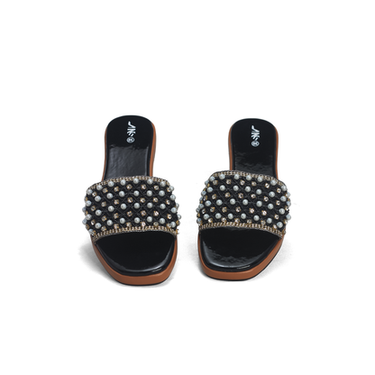 Pearl & Rhinestone Embellished Slides - Elegant Beaded Flat Sandals | Nawabi Shoes BD
