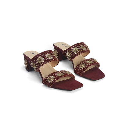 Maroon Velvet Embroidered Mules - Ethnic Block Heel Sandals | Nawabi Shoes BD