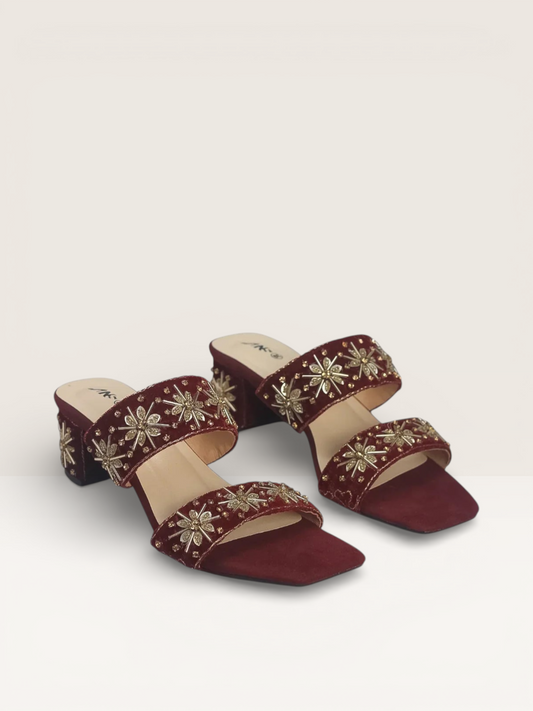 Maroon Velvet Embroidered Mules - Ethnic Block Heel Sandals | Nawabi Shoes BD - Nawabi Shoes BD