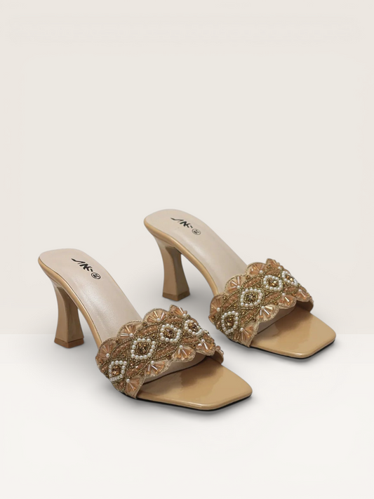 Beaded High Heel Sandals - Elegant Embellished Block Heels for Women - Nawabi Shoes BD