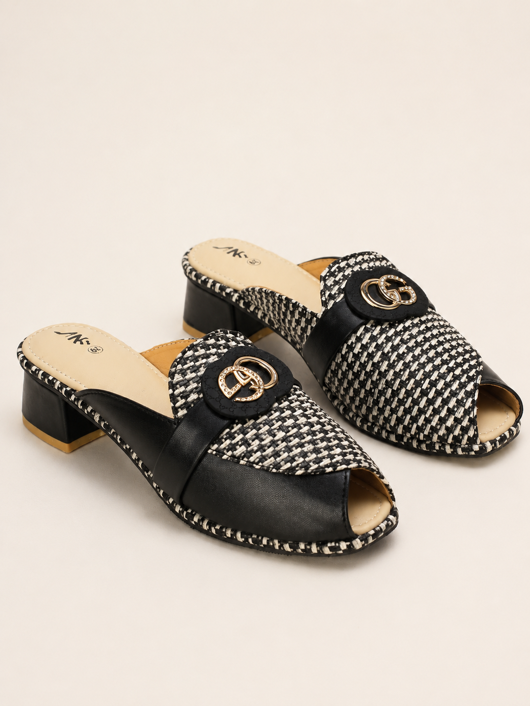 NK Tweed Peep-Toe Mule Sandals with Low Block Heel | Nawabis shoes BD