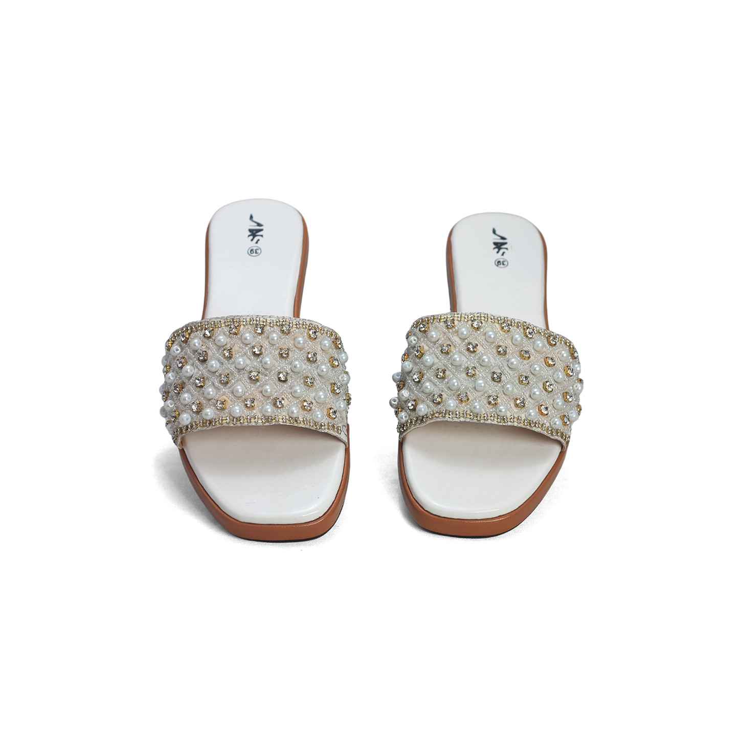Pearl & Rhinestone Embellished Slides - Elegant Beaded Flat Sandals | Nawabi Shoes BD