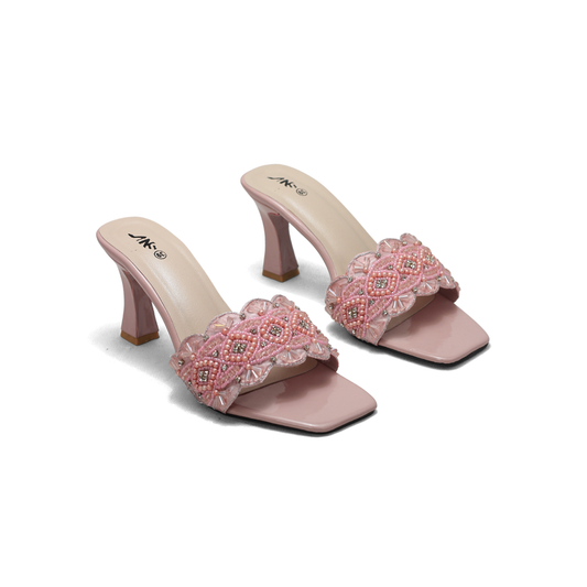 Beaded High Heel Sandals - Elegant Embellished Block Heels for Women