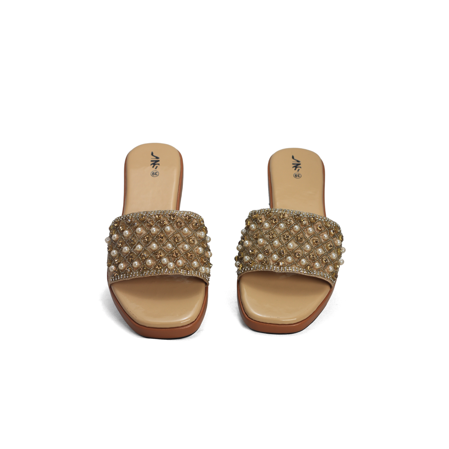 Pearl & Rhinestone Embellished Slides - Elegant Beaded Flat Sandals | Nawabi Shoes BD