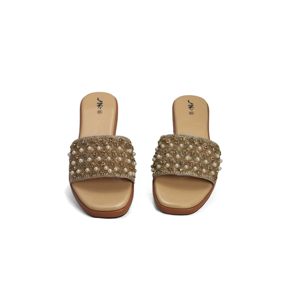 Pearl & Rhinestone Embellished Slides - Elegant Beaded Flat Sandals | Nawabi Shoes BD