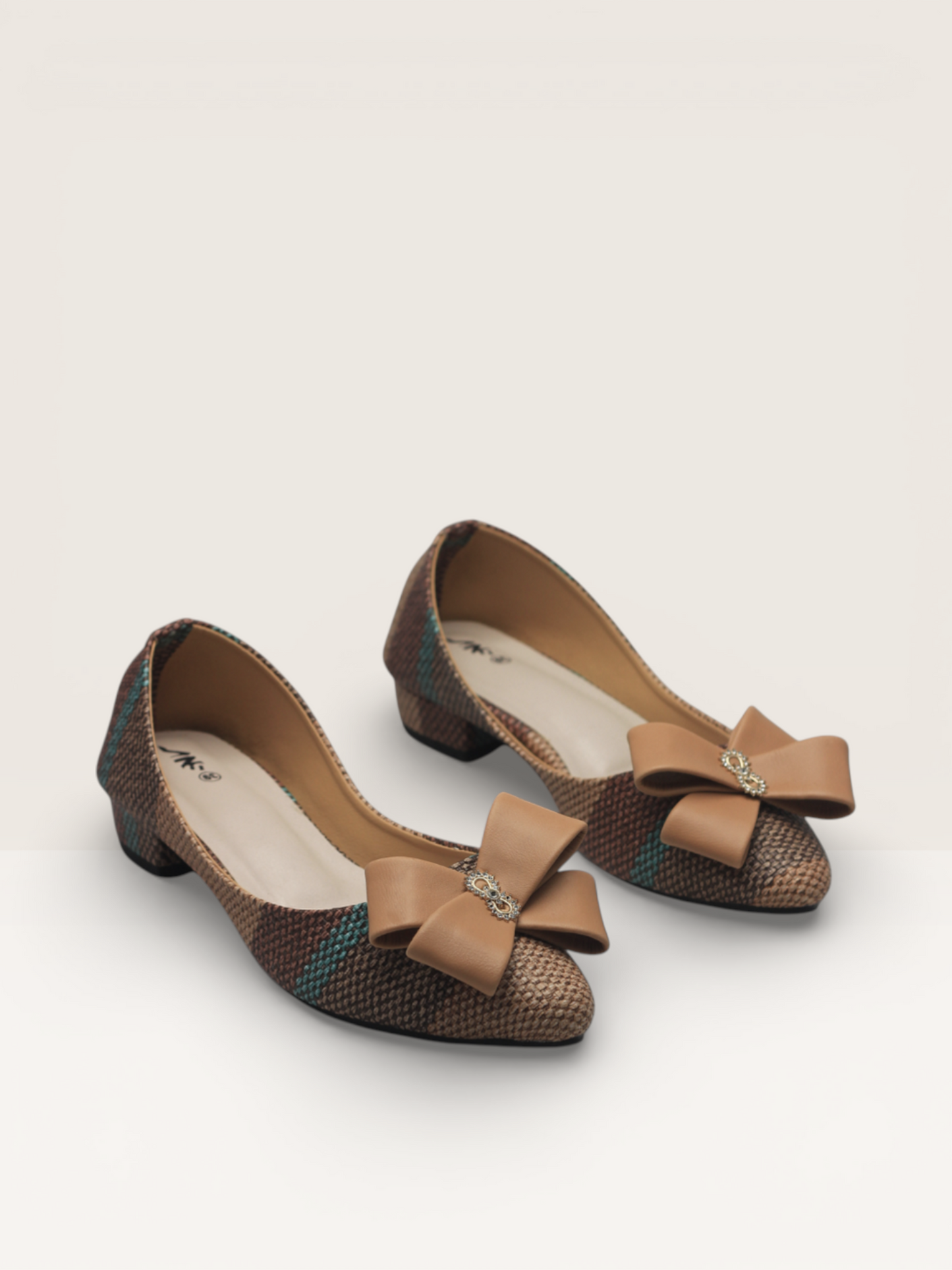 Beige Woven Block Heel Pumps - Comfortable Low Heel Shoes with Bow - Nawabi Shoes BD