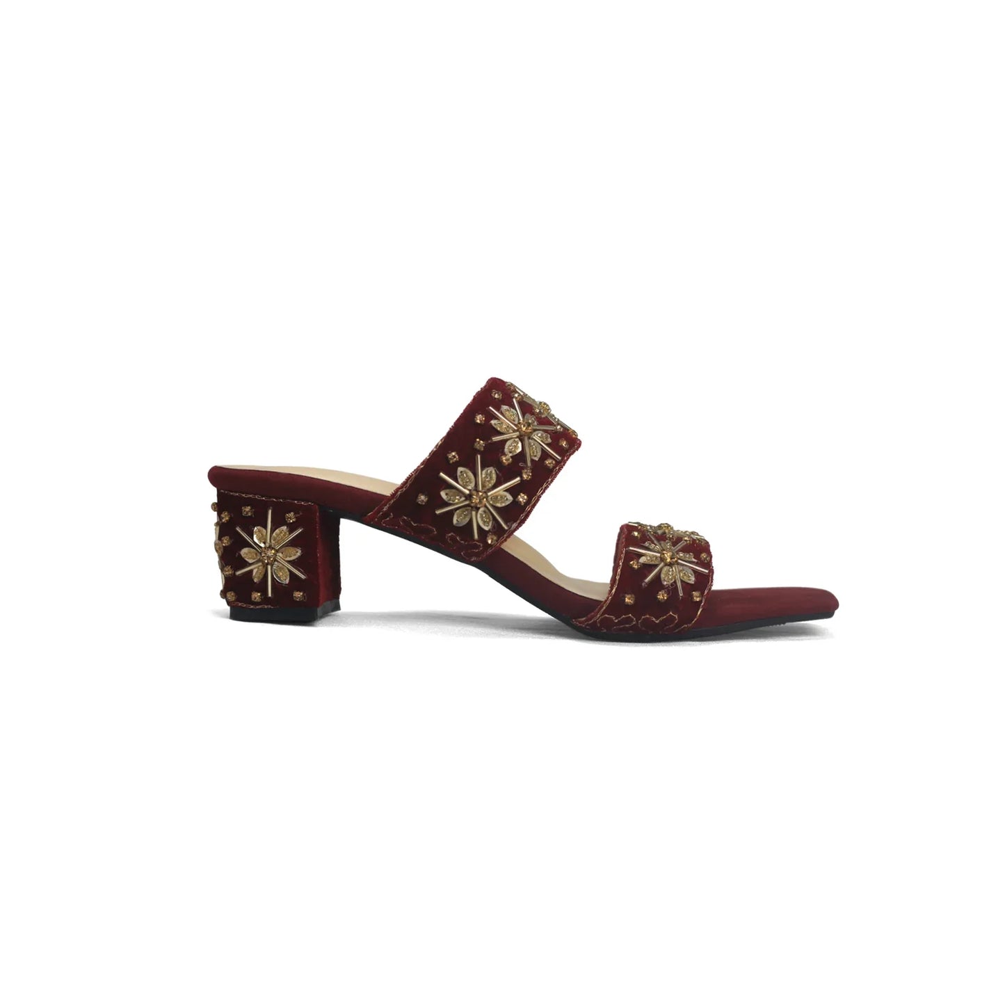 Maroon Velvet Embroidered Mules - Ethnic Block Heel Sandals | Nawabi Shoes BD - Nawabi Shoes BD