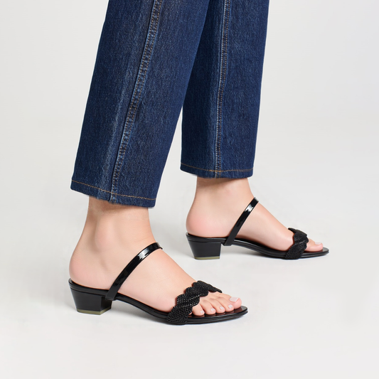 Women's Black Mules with Beaded Detail and Square Toe Nawabi Shoes BD