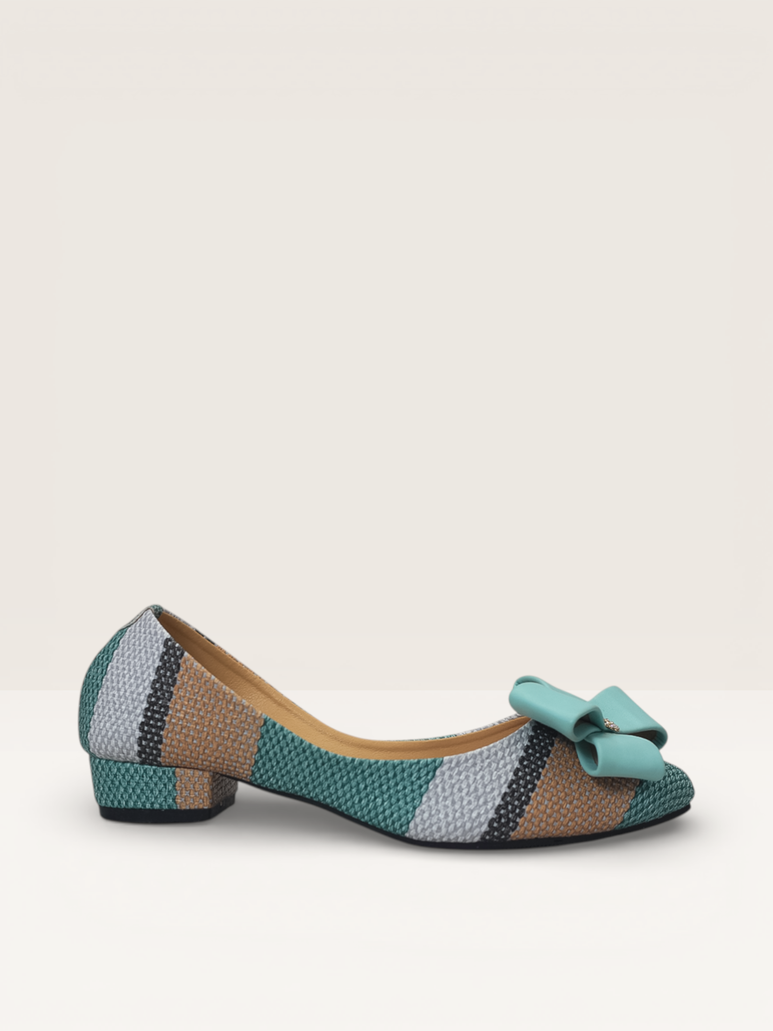 Beige Woven Block Heel Pumps - Comfortable Low Heel Shoes with Bow - Nawabi Shoes BD