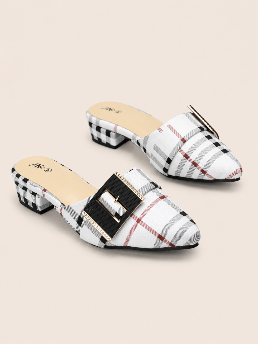 Black Plaid Pointed-Toe Mule Sandals with Low Block Heel | Nawabis shoes BD
