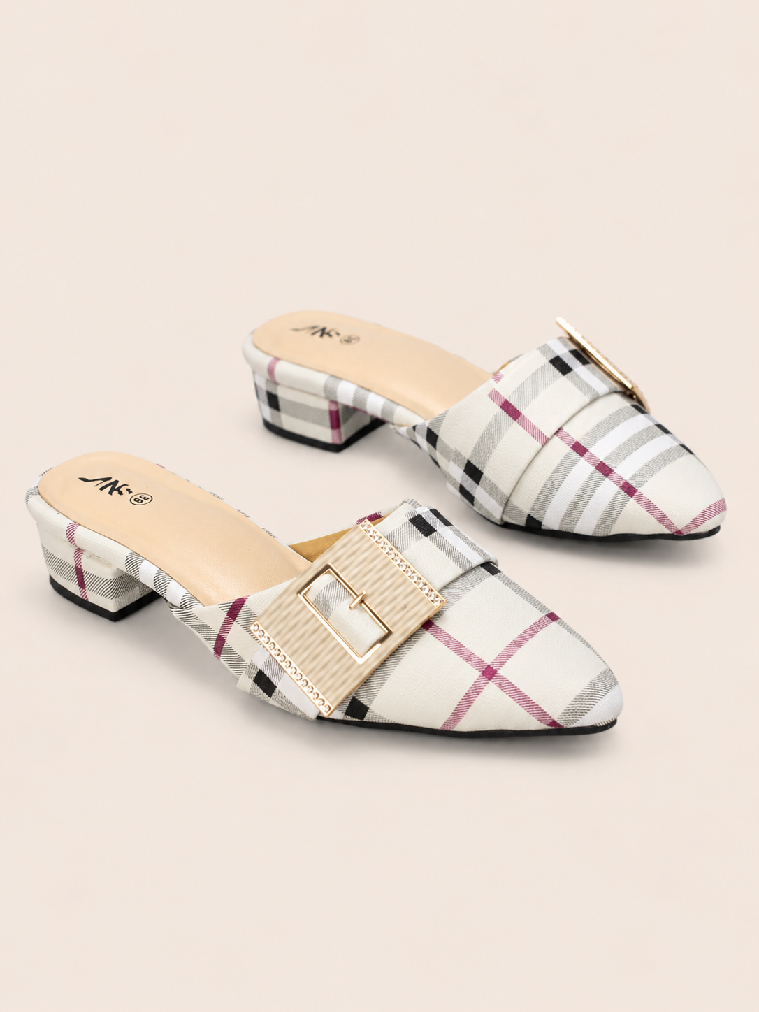 Black Plaid Pointed-Toe Mule Sandals with Low Block Heel | Nawabis shoes BD