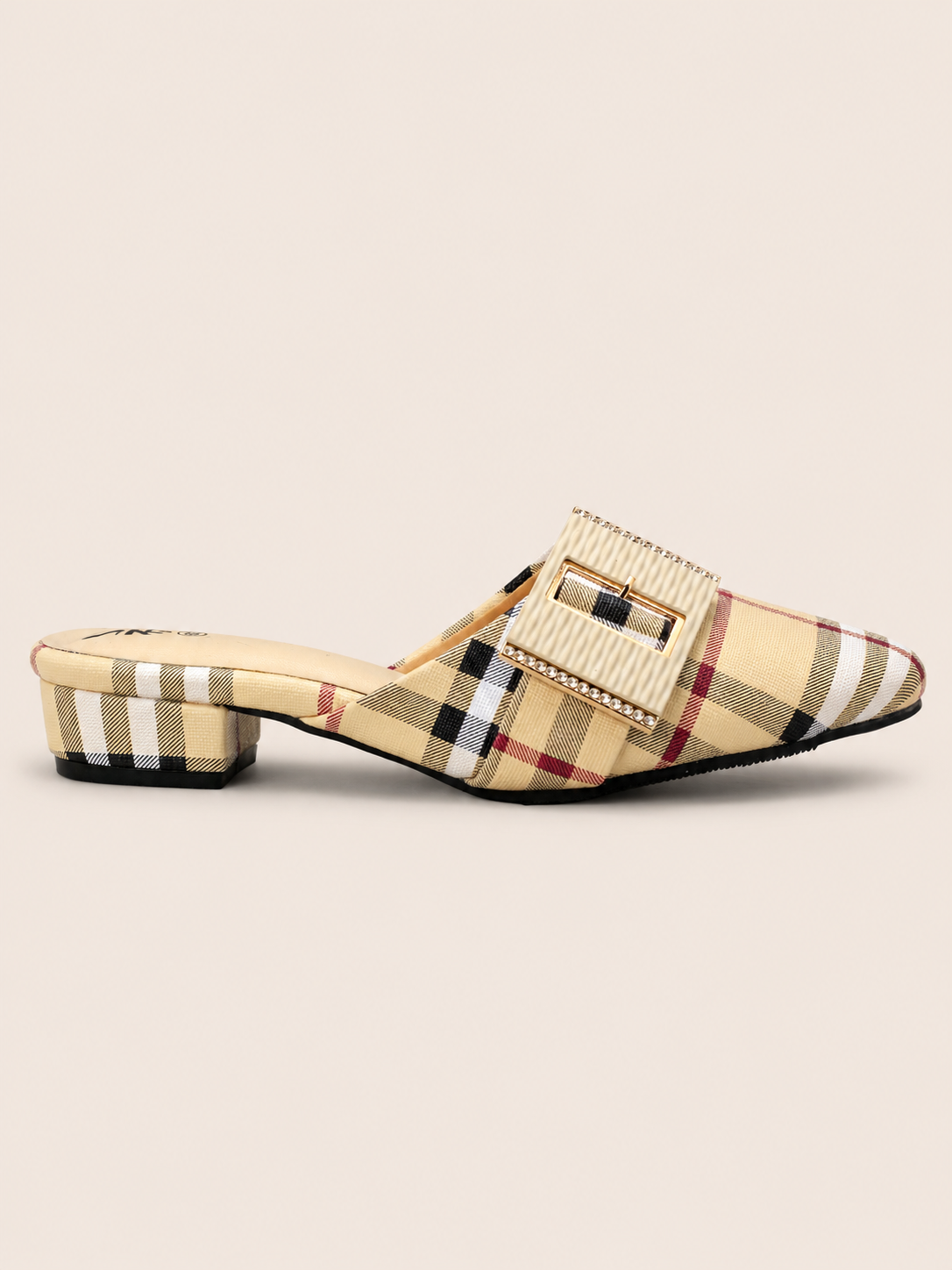 Black Plaid Pointed-Toe Mule Sandals with Low Block Heel | Nawabis shoes BD
