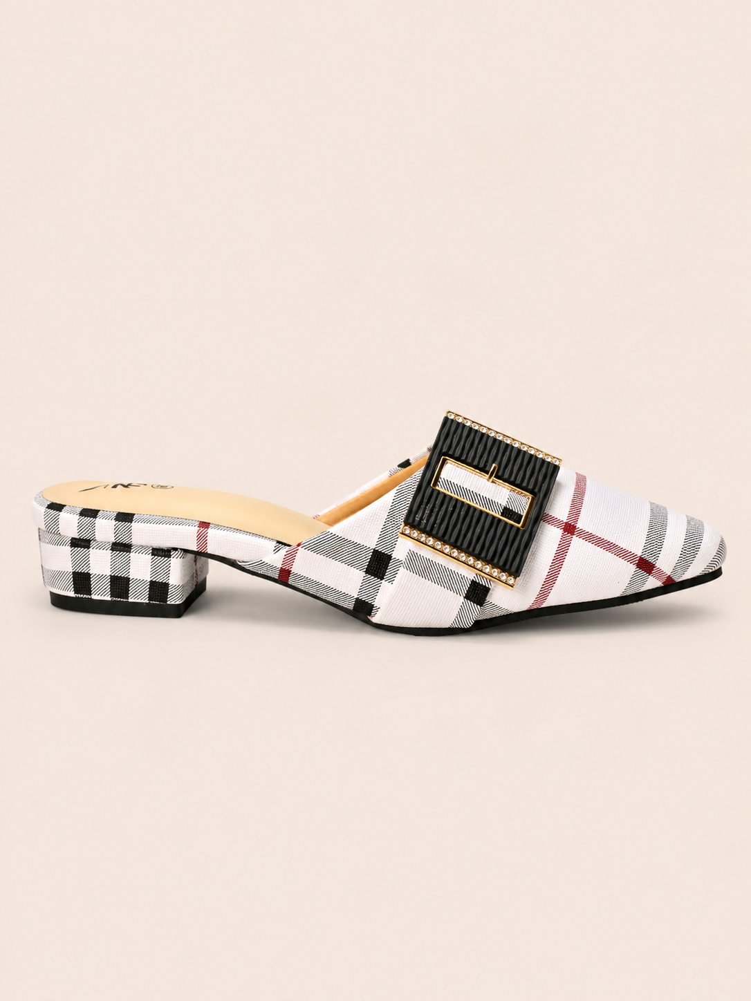 Black Plaid Pointed-Toe Mule Sandals with Low Block Heel | Nawabis shoes BD