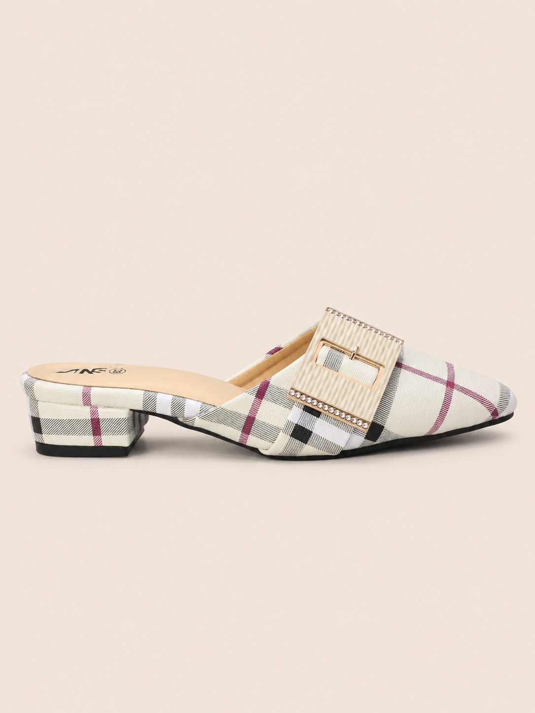 Black Plaid Pointed-Toe Mule Sandals with Low Block Heel | Nawabis shoes BD