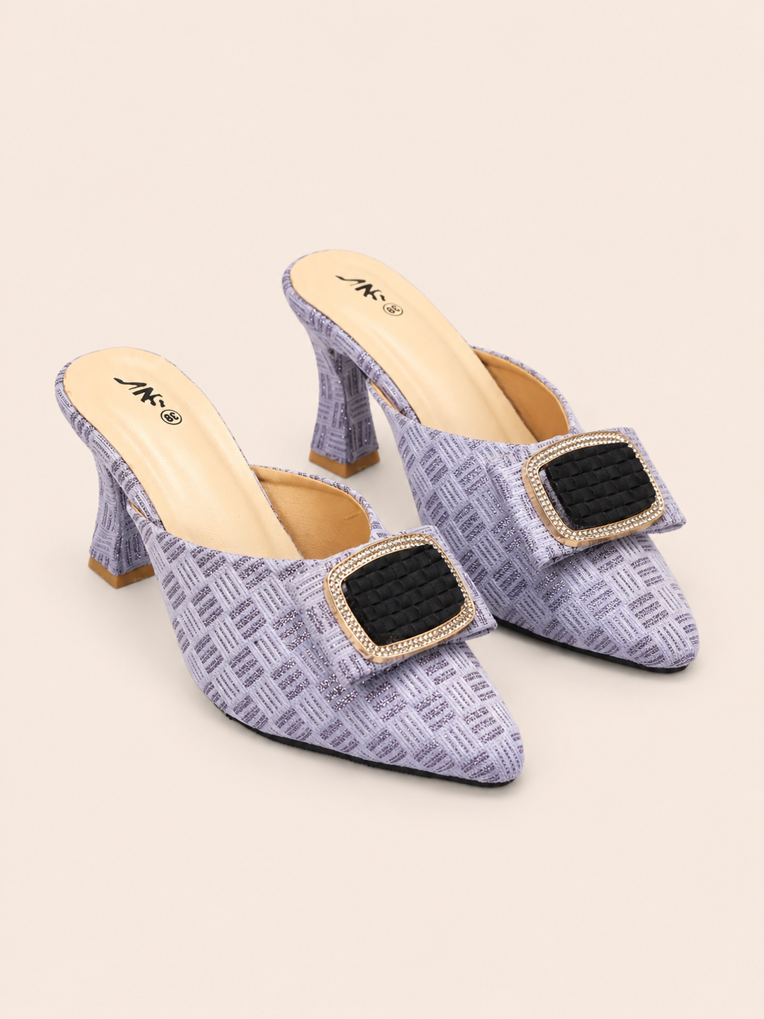 Aurelia Gold Tweed Pointed Toe Heeled Mules with Rhinestone Buckle | Nawabis shoes BD