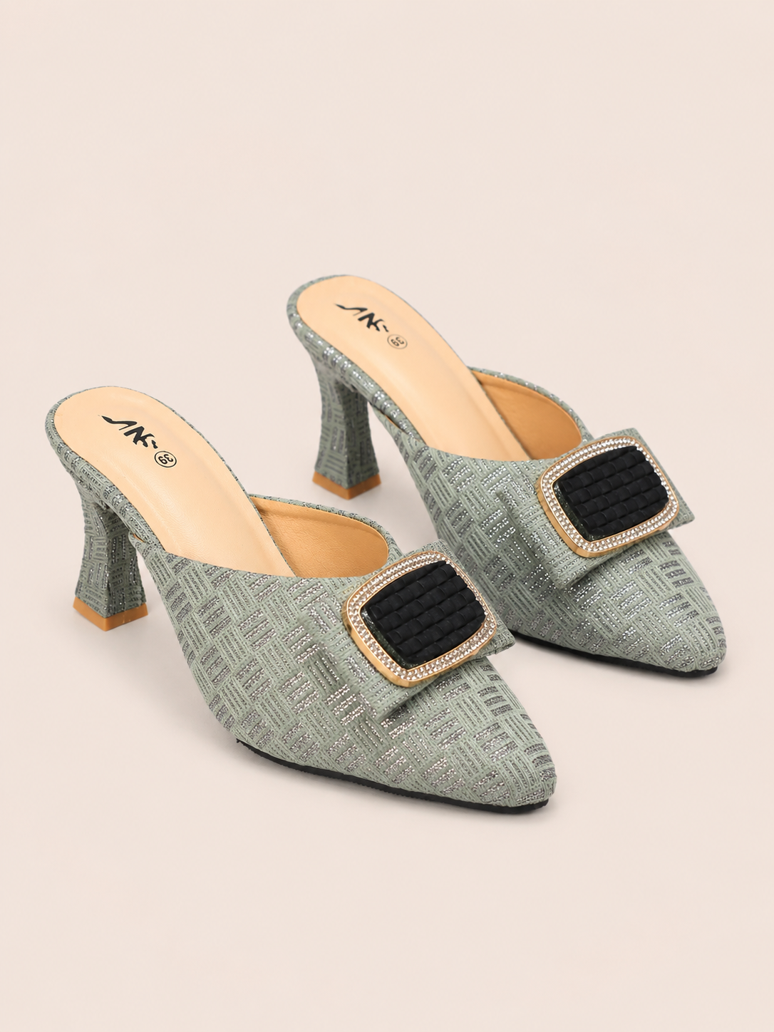 Aurelia Gold Tweed Pointed Toe Heeled Mules with Rhinestone Buckle | Nawabis shoes BD