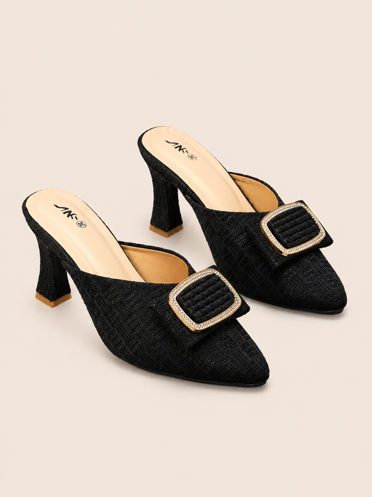 Aurelia Gold Tweed Pointed Toe Heeled Mules with Rhinestone Buckle | Nawabis shoes BD