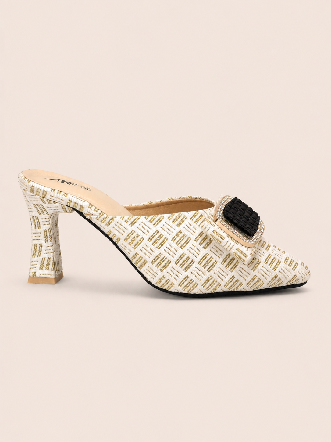 Aurelia Gold Tweed Pointed Toe Heeled Mules with Rhinestone Buckle | Nawabis shoes BD
