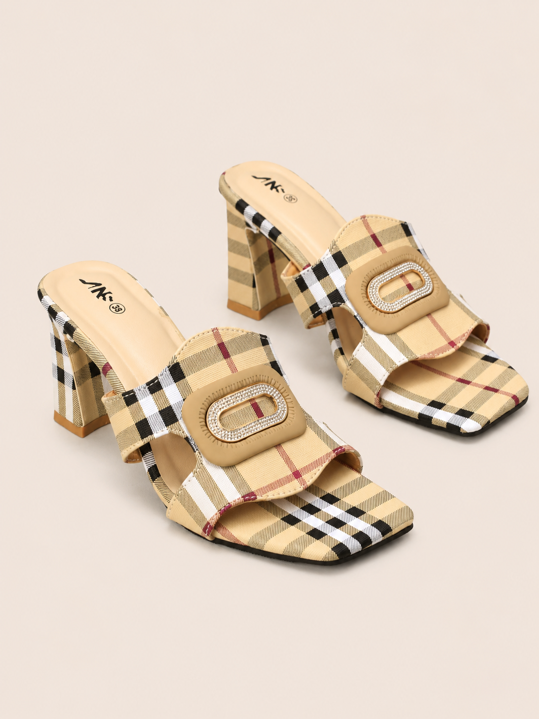 Charlotte Beige Plaid Block Heel Mules with Rhinestone Buckle | Nawabis shoes BD
