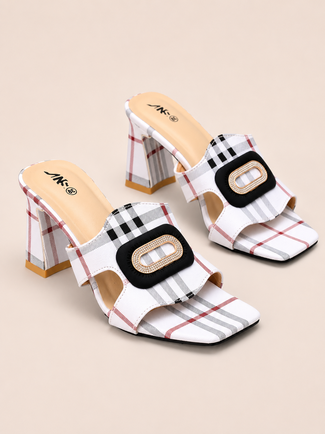 Charlotte Beige Plaid Block Heel Mules with Rhinestone Buckle | Nawabis shoes BD