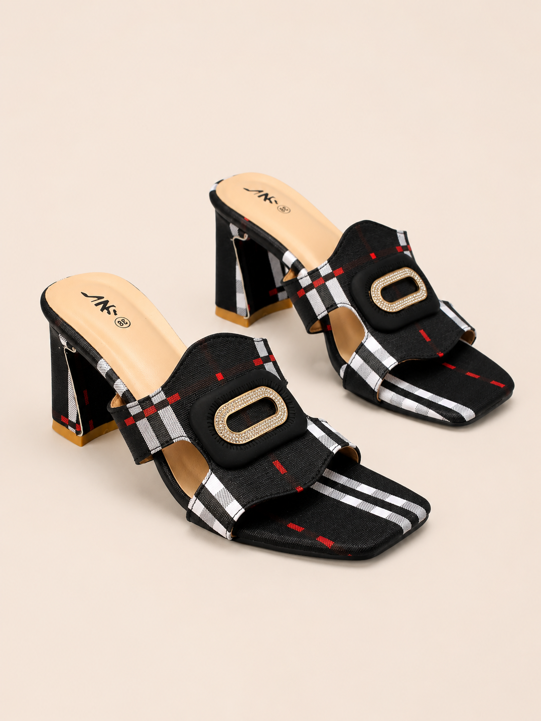 Charlotte Beige Plaid Block Heel Mules with Rhinestone Buckle | Nawabis shoes BD