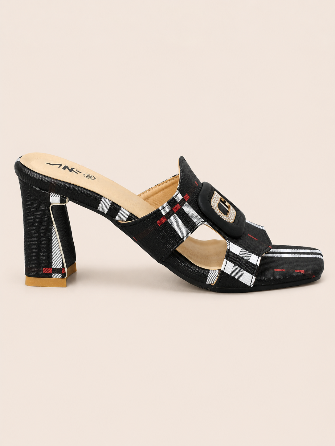 Charlotte Beige Plaid Block Heel Mules with Rhinestone Buckle | Nawabis shoes BD