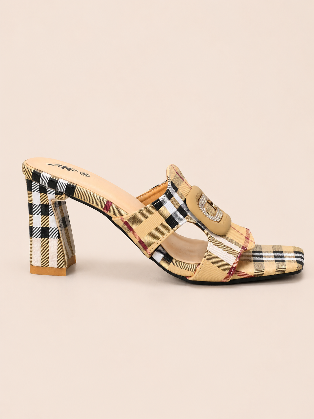 Charlotte Beige Plaid Block Heel Mules with Rhinestone Buckle | Nawabis shoes BD