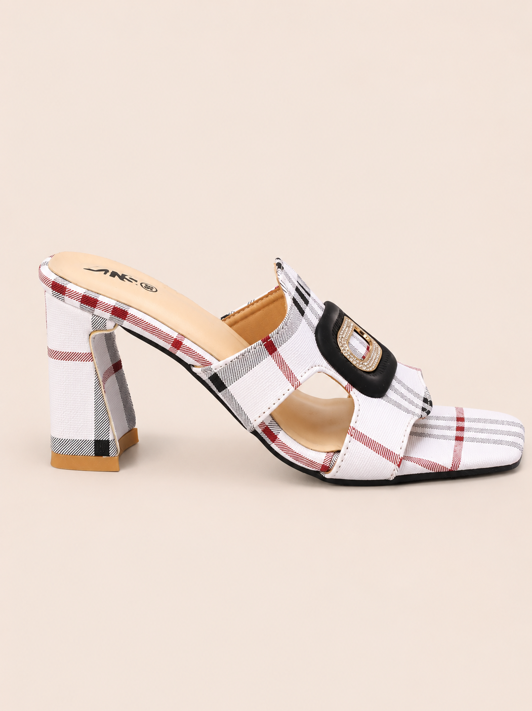 Charlotte Beige Plaid Block Heel Mules with Rhinestone Buckle | Nawabis shoes BD