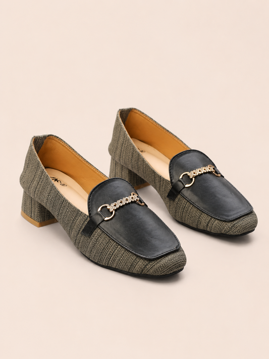 Square Toe Heeled Loafers - Textured Olive & Black Loafers | Nawabis shoes BD