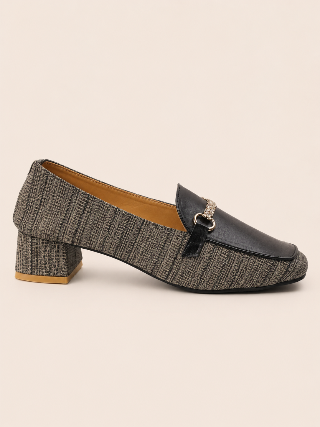 Square Toe Heeled Loafers - Textured Olive & Black Loafers | Nawabis shoes BD