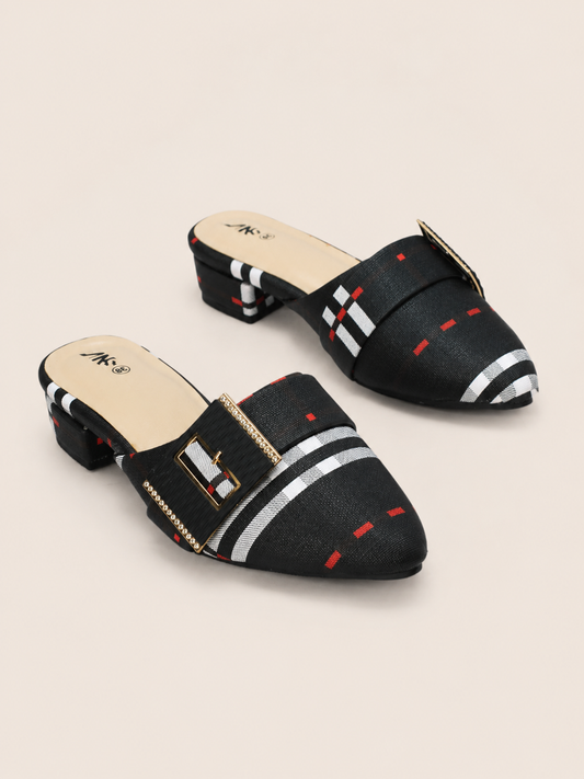 Black Plaid Pointed-Toe Mule Sandals with Low Block Heel | Nawabis shoes BD