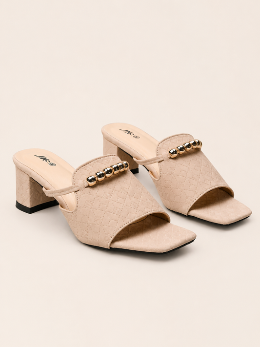 Women's Premium Block Heel Slide Sandals with Gold Chain | Elegant Ladies Heel Shoes Bangladesh