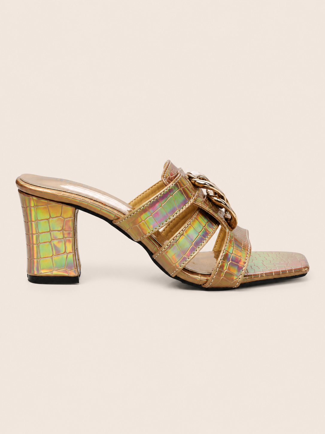 Women's Premium Croc Texture Block Heel Sandals with Gold Chain | Elegant Ladies Heel Shoes Bangladesh