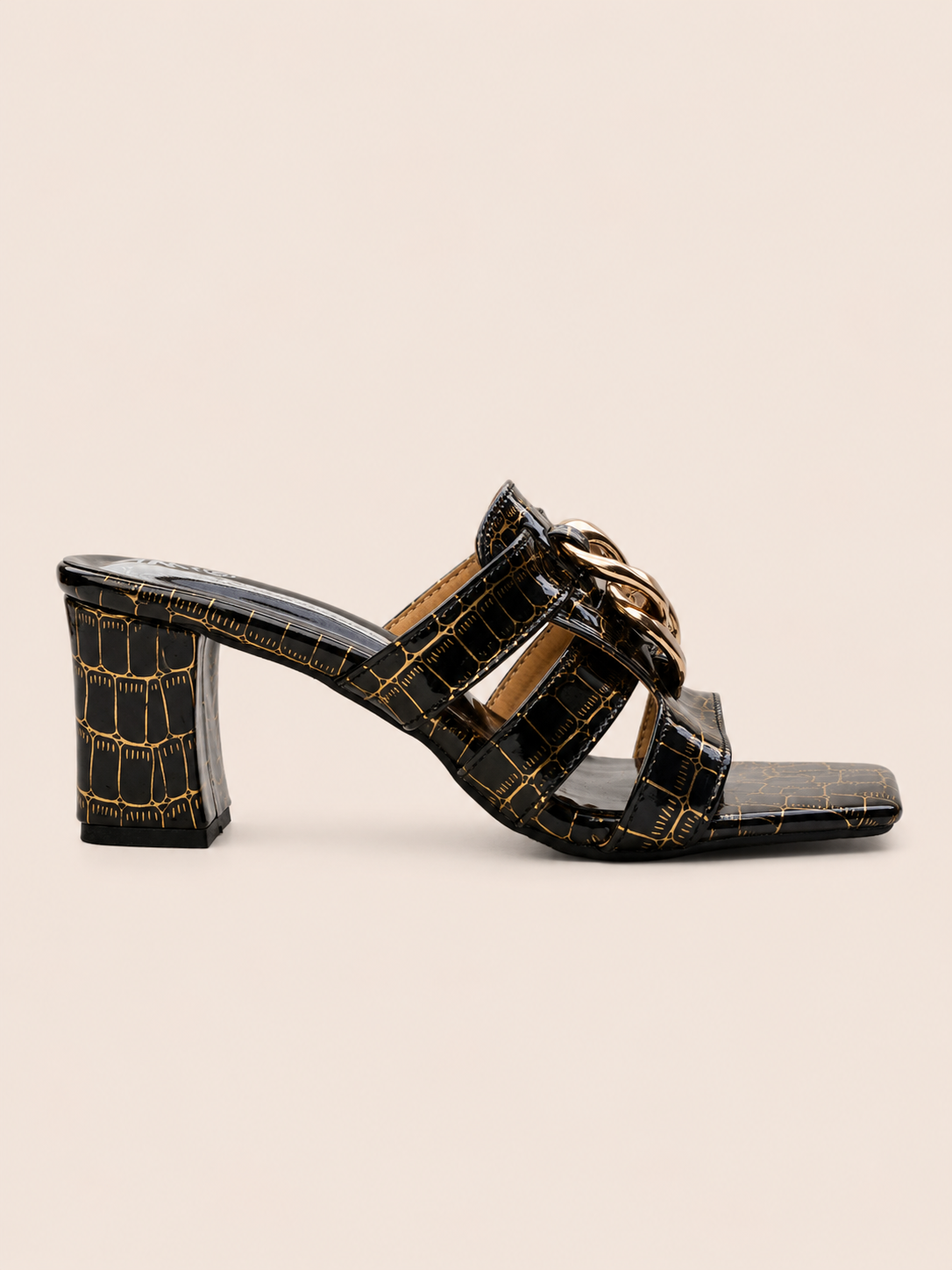 Women's Premium Croc Texture Block Heel Sandals with Gold Chain | Elegant Ladies Heel Shoes Bangladesh