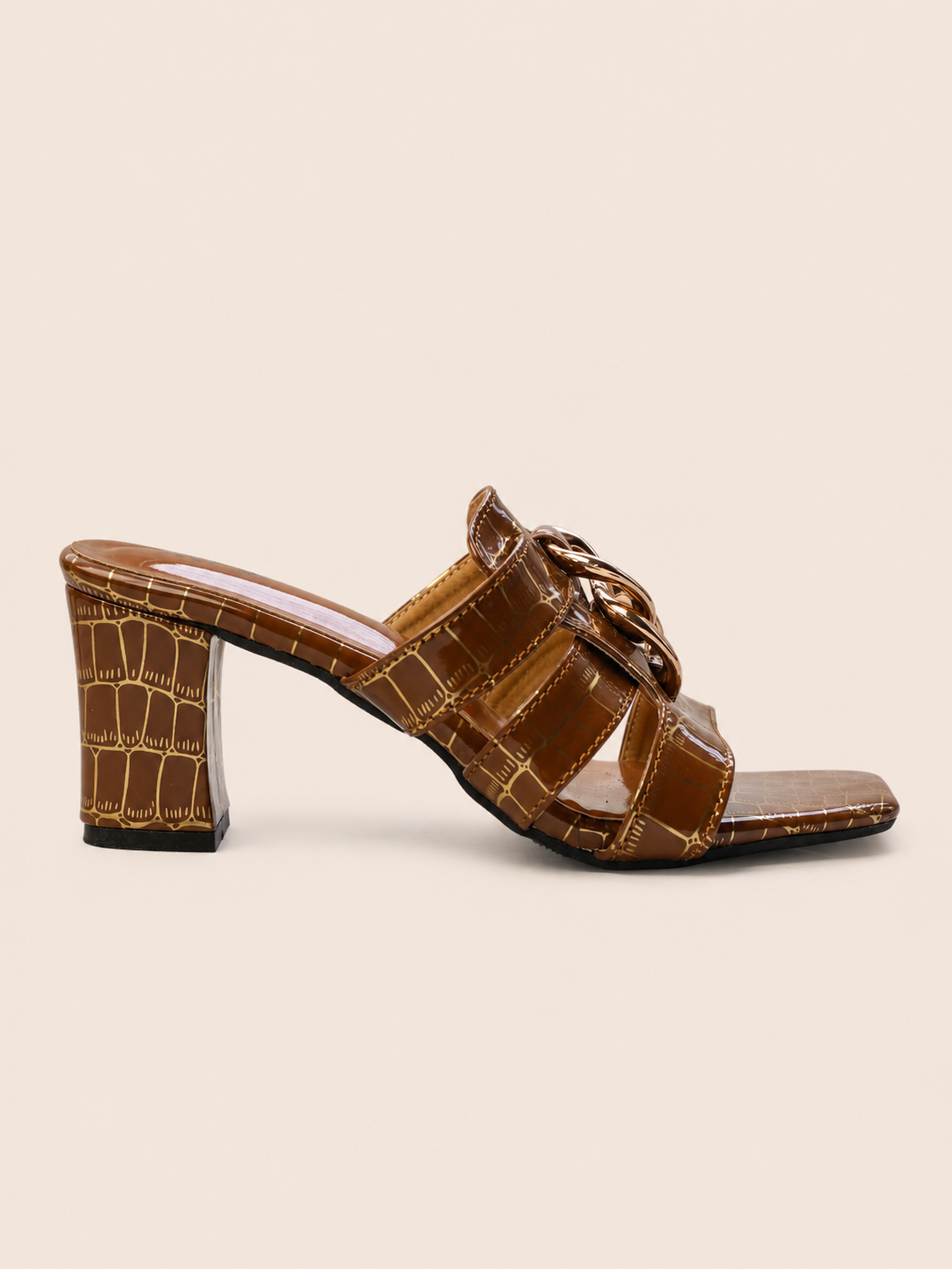 Women's Premium Croc Texture Block Heel Sandals with Gold Chain | Elegant Ladies Heel Shoes Bangladesh