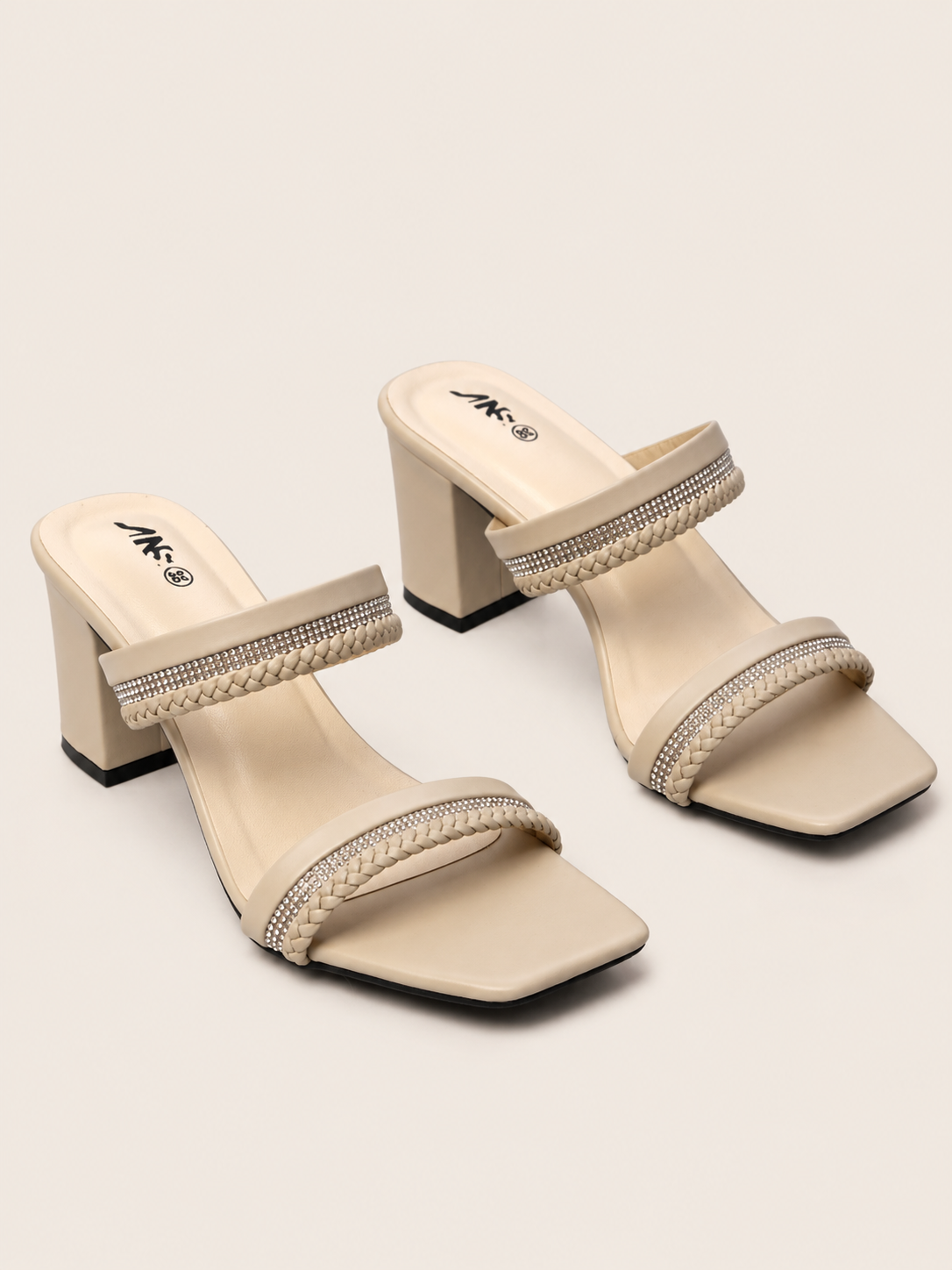 Braided Rhinestone Double Strap Block Heel Sandals | Elegant Ladies Heels Bangladesh