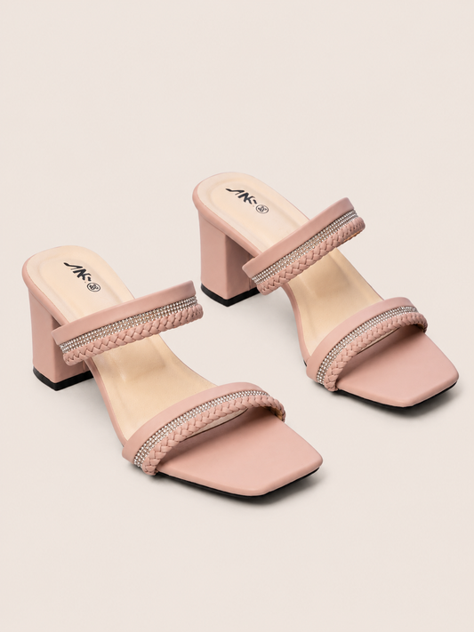 Braided Rhinestone Double Strap Block Heel Sandals | Elegant Ladies Heels Bangladesh